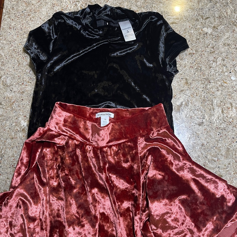 Nordstorm Black Velvet Top and Red Velvet Skirt Set | Size 7/8